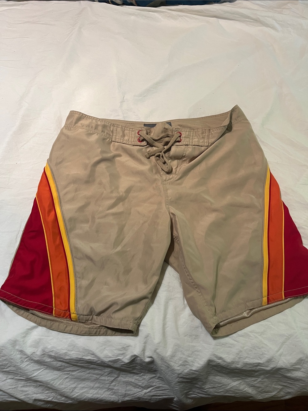Old Navy Tan Swim Board Shorts with Red and Orange Stripes